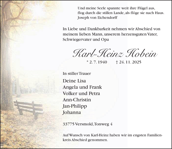 Traueranzeige von Karl-Heinz Hobein von Neue Westfälische und Westfalen-Blatt