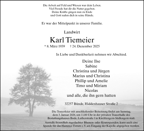 Traueranzeige von Karl Tiemeier von Neue Westfälische und Westfalen-Blatt