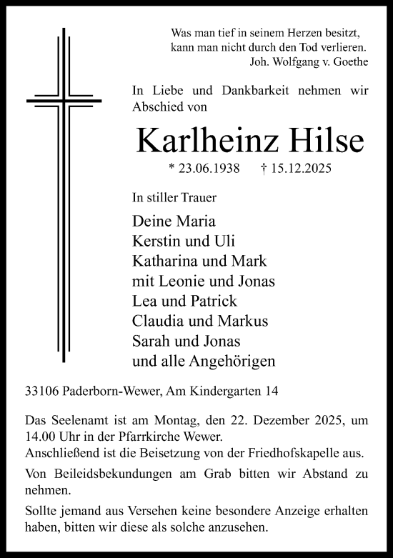Traueranzeige von Karlheinz Hilse von Neue Westfälische und Westfalen-Blatt