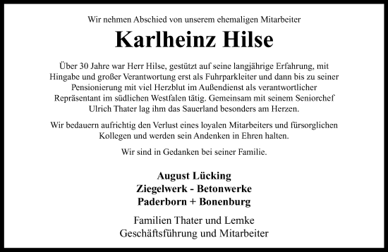 Traueranzeige von Karlheinz Hilse von Neue Westfälische und Westfalen-Blatt