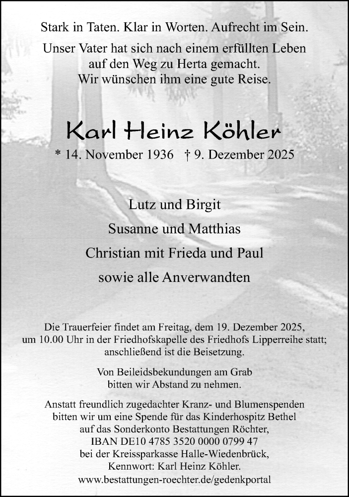  Traueranzeige für Karl Heinz Köhler vom 13.12.2025 aus Neue Westfälische und Westfalen-Blatt