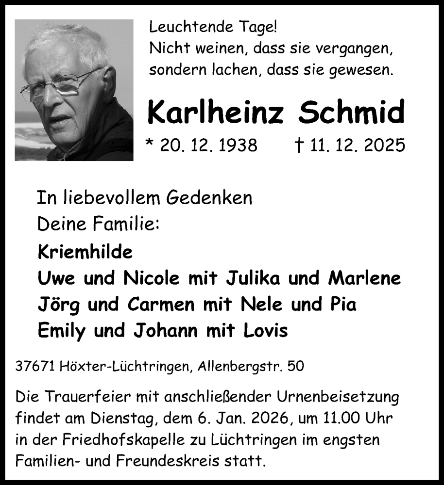  Traueranzeige für Karlheinz Schmid vom 20.12.2025 aus Neue Westfälische und Westfalen-Blatt