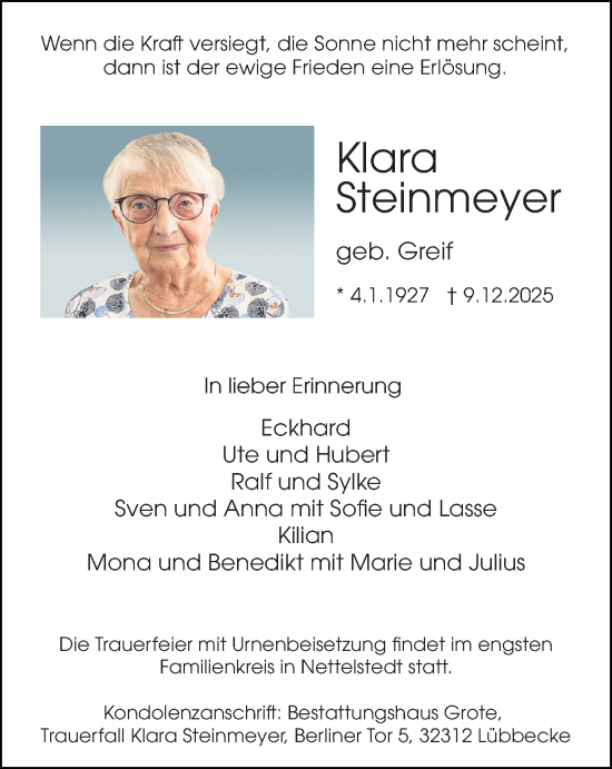 Traueranzeige von Klara Steinmeyer von Neue Westfälische und Westfalen-Blatt