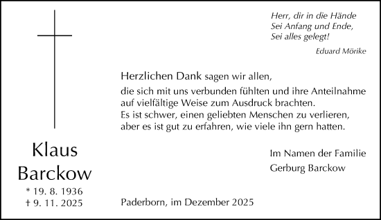 Traueranzeige von Klaus Barckow von Neue Westfälische und Westfalen-Blatt