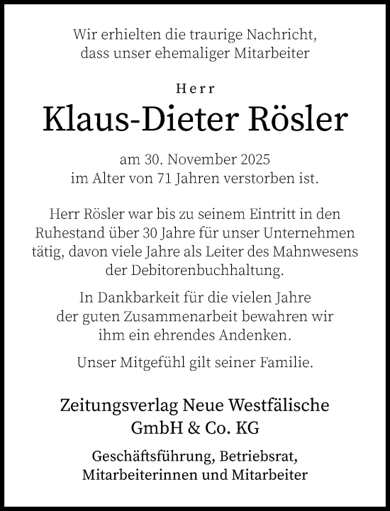 Traueranzeige von Klaus-Dieter Rösler von Neue Westfälische und Westfalen-Blatt