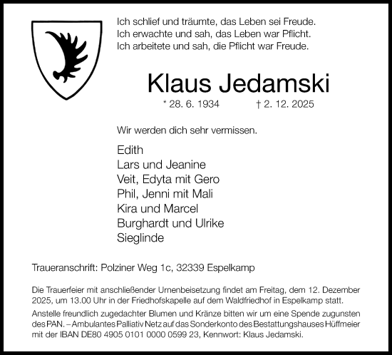 Traueranzeige von Klaus Jedamski von Neue Westfälische und Westfalen-Blatt