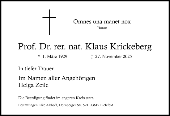 Traueranzeige von Klaus Krickeberg von Neue Westfälische und Westfalen-Blatt