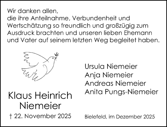 Traueranzeige von Klaus Heinrich Niemeier von Neue Westfälische und Westfalen-Blatt