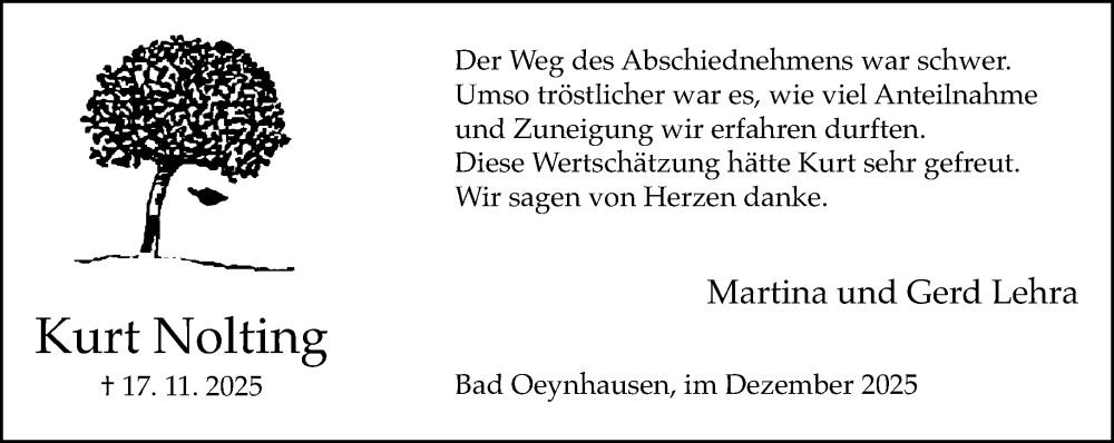  Traueranzeige für Kurt Nolting vom 13.12.2025 aus Neue Westfälische und Westfalen-Blatt
