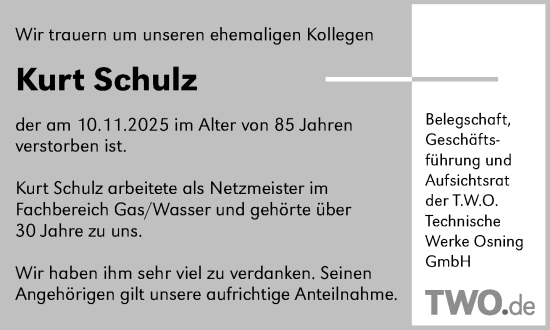 Traueranzeige von Kurt Schulz von Neue Westfälische und Westfalen-Blatt