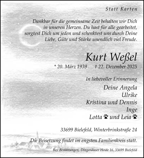 Traueranzeige von Kurt Weßel von Neue Westfälische und Westfalen-Blatt