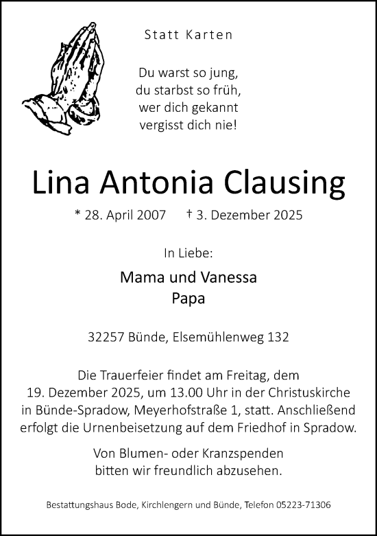 Traueranzeige von Lina Antonia Clausing von Neue Westfälische und Westfalen-Blatt