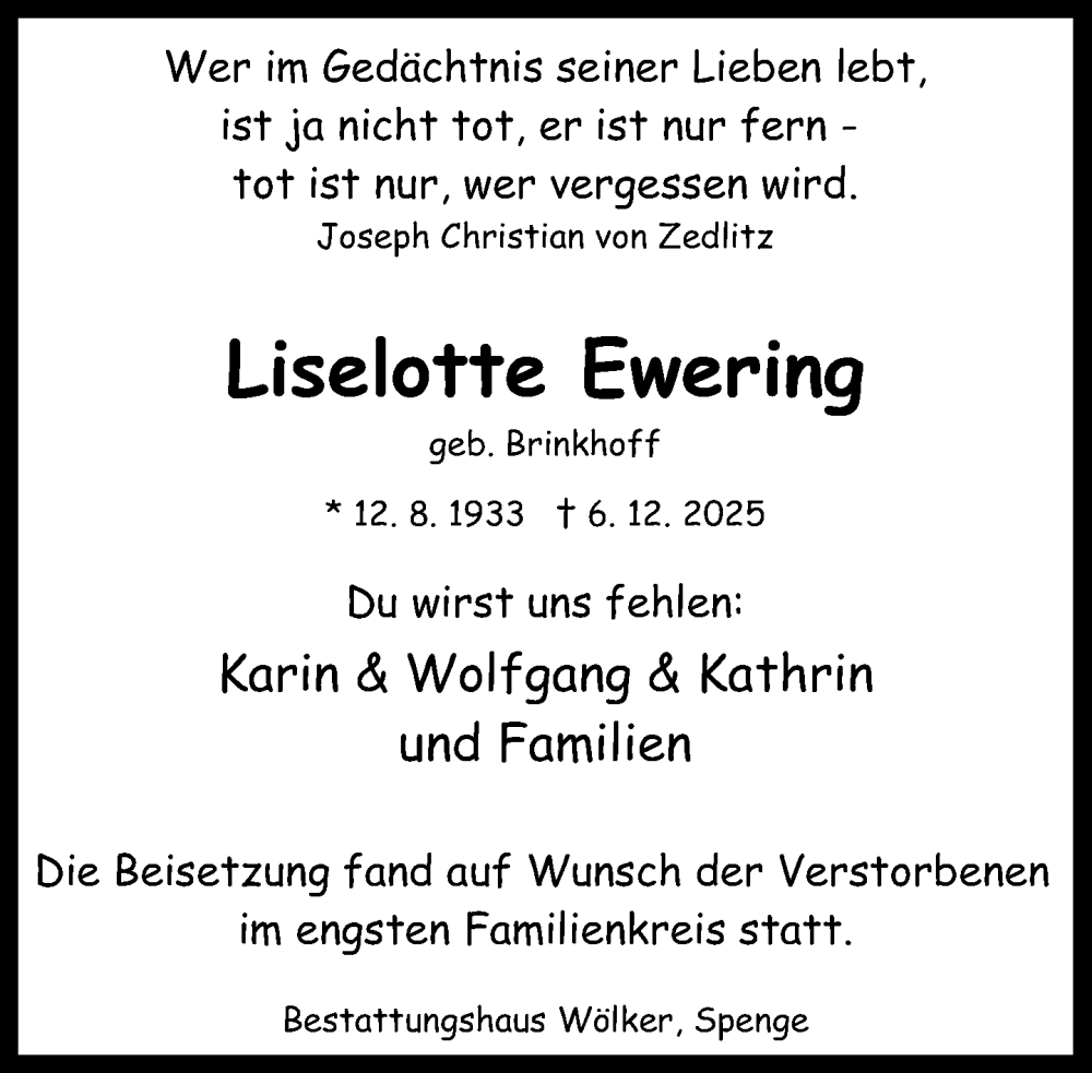  Traueranzeige für Liselotte Ewering vom 27.12.2025 aus Neue Westfälische und Westfalen-Blatt