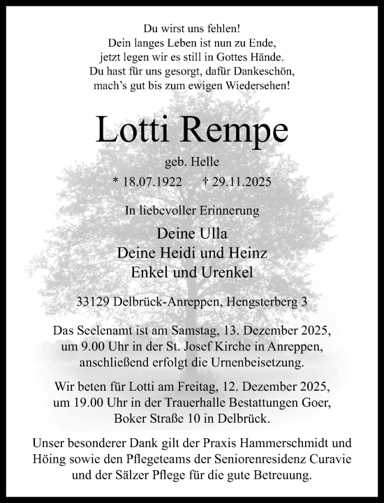 Traueranzeige von Lotti Rempe von Neue Westfälische und Westfalen-Blatt