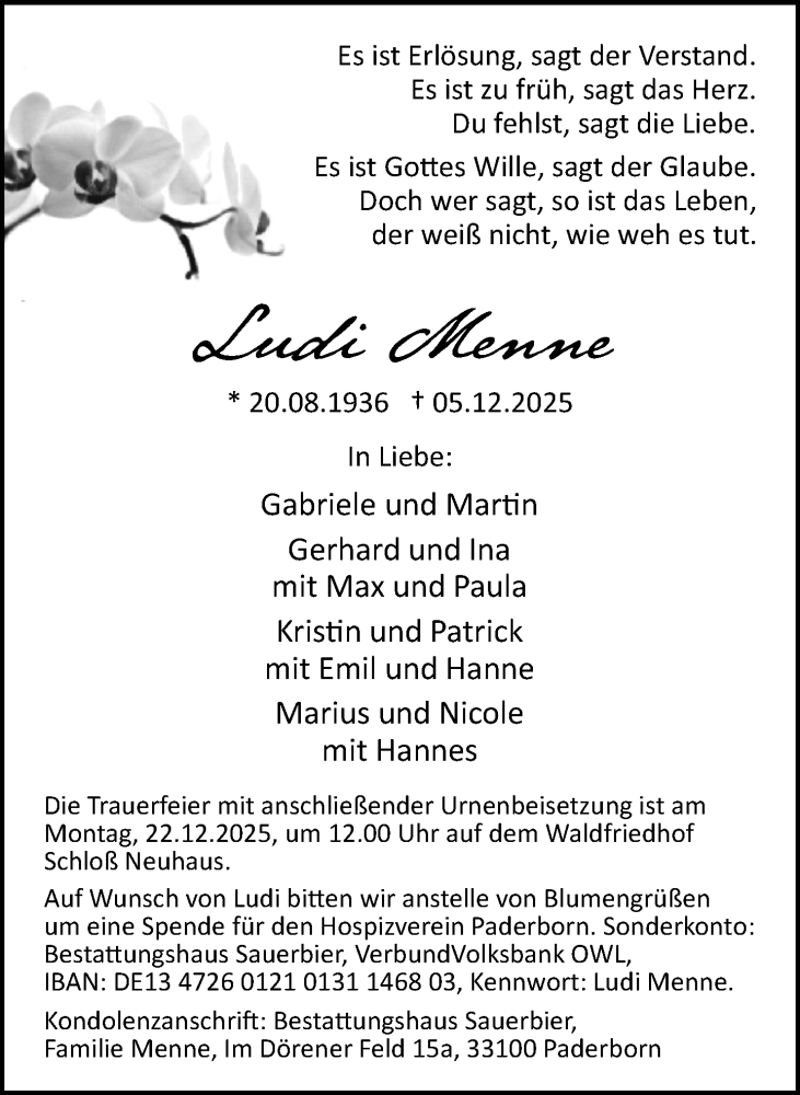  Traueranzeige für Ludi Menne vom 13.12.2025 aus Neue Westfälische und Westfalen-Blatt