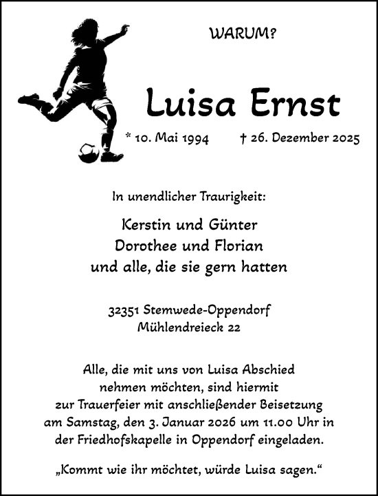 Traueranzeige von Luisa Ernst von Neue Westfälische und Westfalen-Blatt