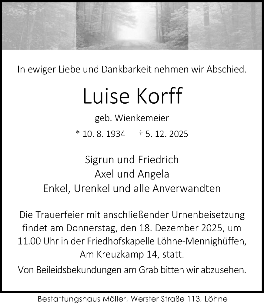  Traueranzeige für Luise Korff vom 13.12.2025 aus Neue Westfälische und Westfalen-Blatt