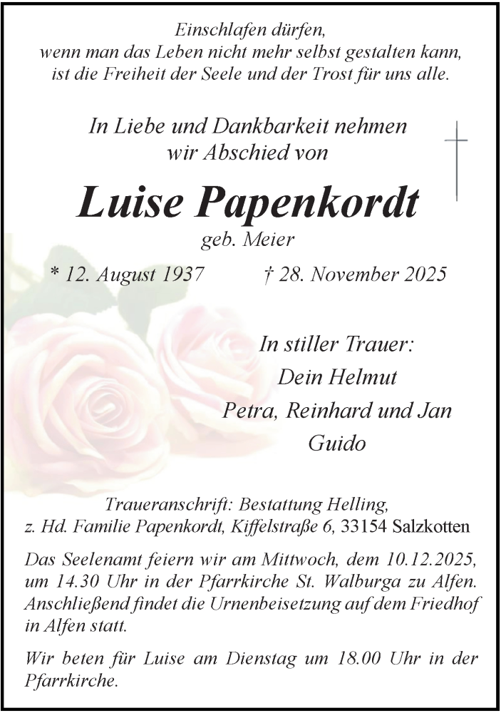  Traueranzeige für Luise Papenkordt vom 06.12.2025 aus Neue Westfälische und Westfalen-Blatt