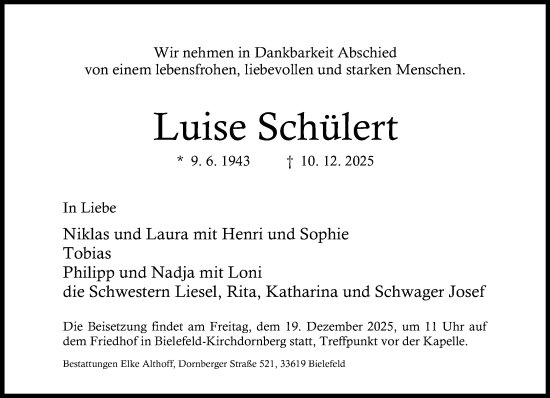Traueranzeige von Luise Schülert von Neue Westfälische und Westfalen-Blatt