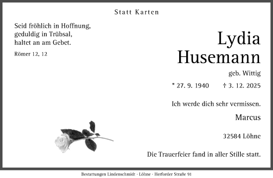 Traueranzeige von Lydia Husemann von Neue Westfälische und Westfalen-Blatt