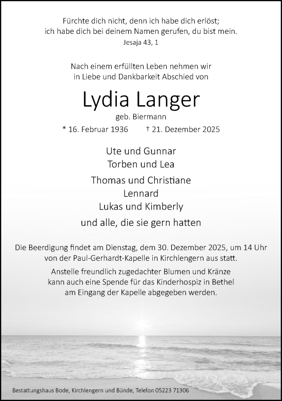 Traueranzeige von Lydia Langer von Neue Westfälische und Westfalen-Blatt