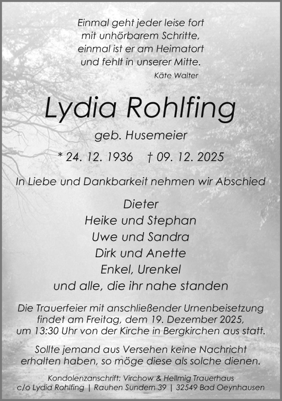 Traueranzeige von Lydia Rohlfing von Neue Westfälische und Westfalen-Blatt