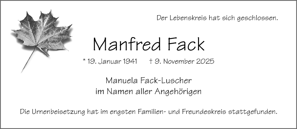  Traueranzeige für Manfred Fack vom 13.12.2025 aus Neue Westfälische und Westfalen-Blatt