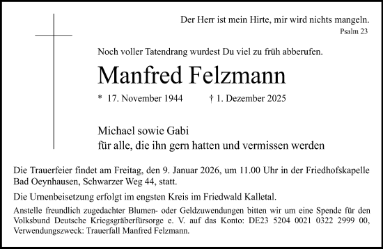 Traueranzeige von Manfred Felzmann von Neue Westfälische und Westfalen-Blatt