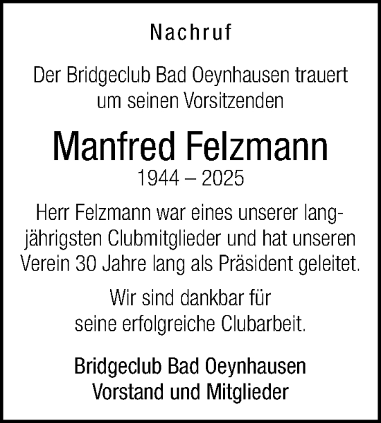 Traueranzeige von Manfred Felzmann von Neue Westfälische und Westfalen-Blatt