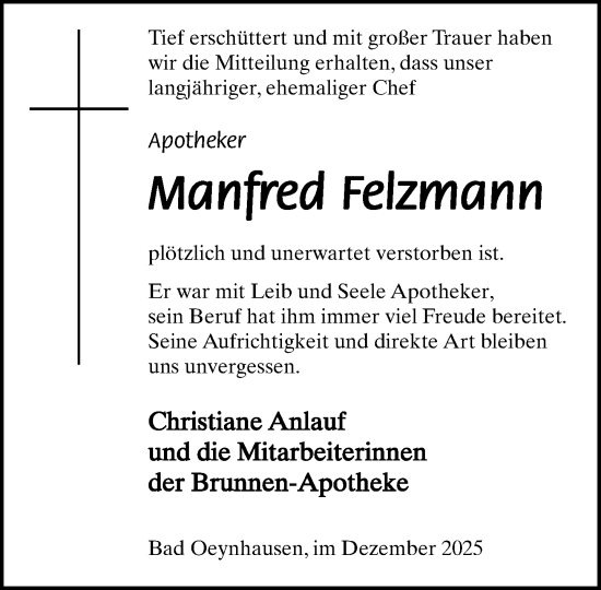 Traueranzeige von Manfred Felzmann von Neue Westfälische und Westfalen-Blatt