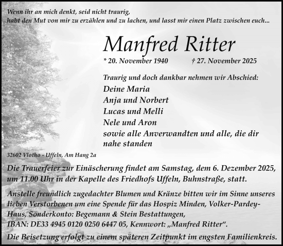 Traueranzeige von Manfred Ritter von Neue Westfälische und Westfalen-Blatt