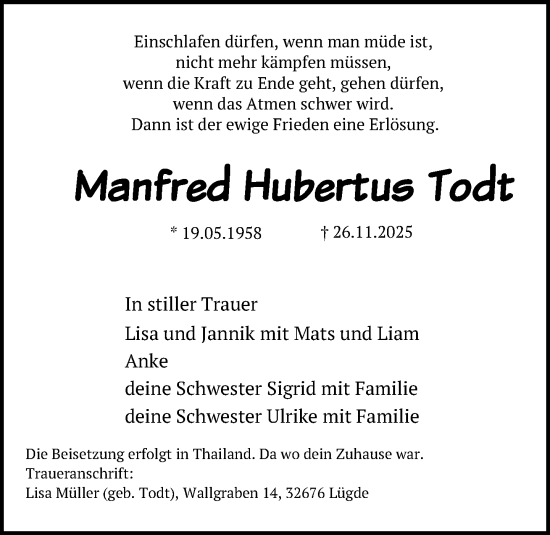 Traueranzeige von Manfred Hubertus Todt von Neue Westfälische und Westfalen-Blatt