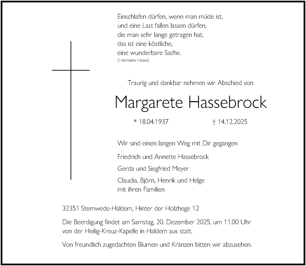  Traueranzeige für Margarete Hassebrock vom 17.12.2025 aus Neue Westfälische und Westfalen-Blatt