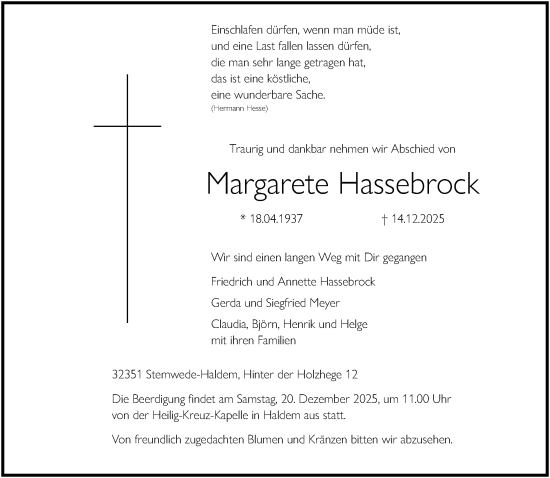 Traueranzeige von Margarete Hassebrock von Neue Westfälische und Westfalen-Blatt