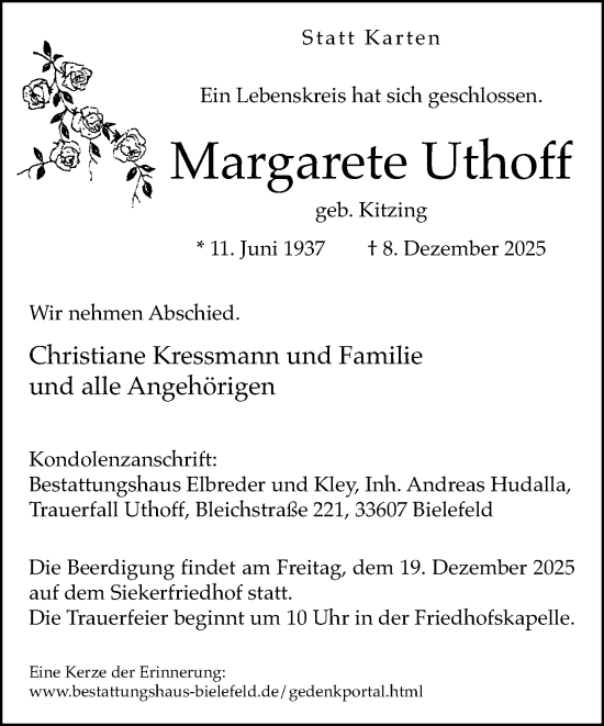 Traueranzeige von Margarete Uthoff von Neue Westfälische und Westfalen-Blatt