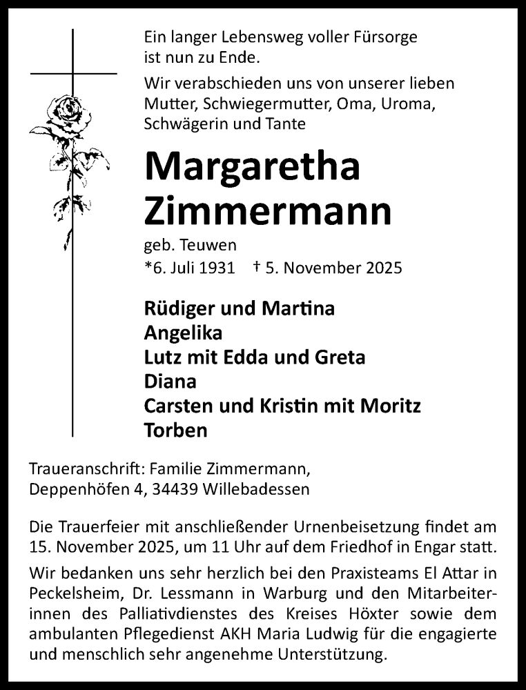  Traueranzeige für Margaretha Zimmermann vom 12.11.2025 aus Neue Westfälische und Westfalen-Blatt