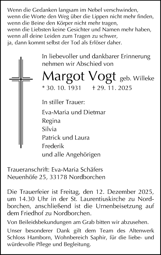 Traueranzeige von Margot Vogt von Neue Westfälische und Westfalen-Blatt