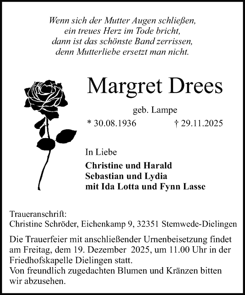  Traueranzeige für Margret Drees vom 03.12.2025 aus Neue Westfälische und Westfalen-Blatt
