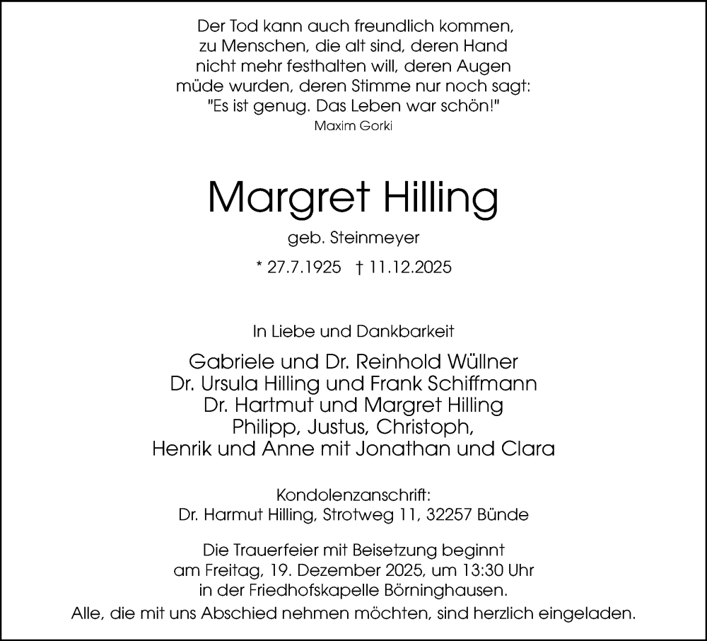  Traueranzeige für Margret Hilling vom 17.12.2025 aus Neue Westfälische und Westfalen-Blatt