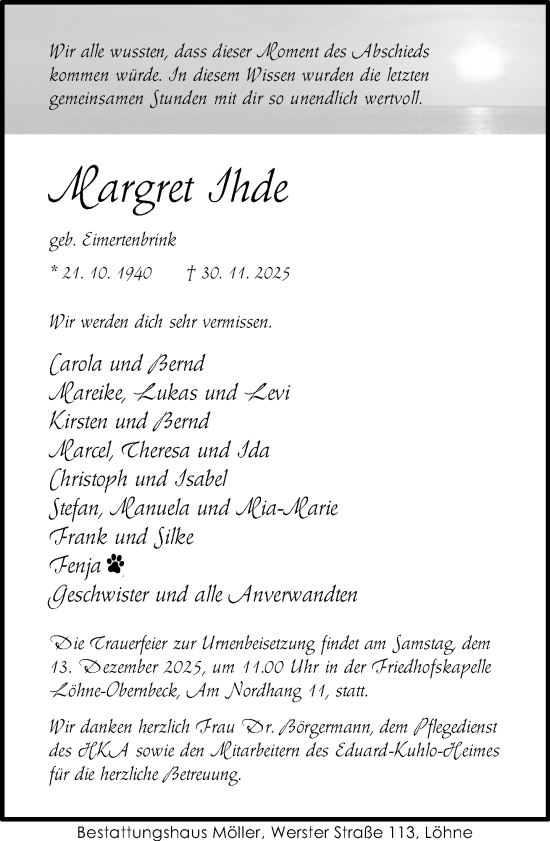 Traueranzeige von Margret Ihde von Neue Westfälische und Westfalen-Blatt