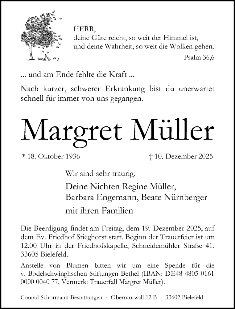  Traueranzeige für Margret Müller vom 13.12.2025 aus Neue Westfälische und Westfalen-Blatt
