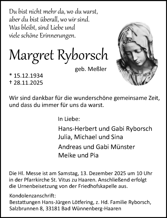 Traueranzeige von Margret Ryborsch von Neue Westfälische und Westfalen-Blatt