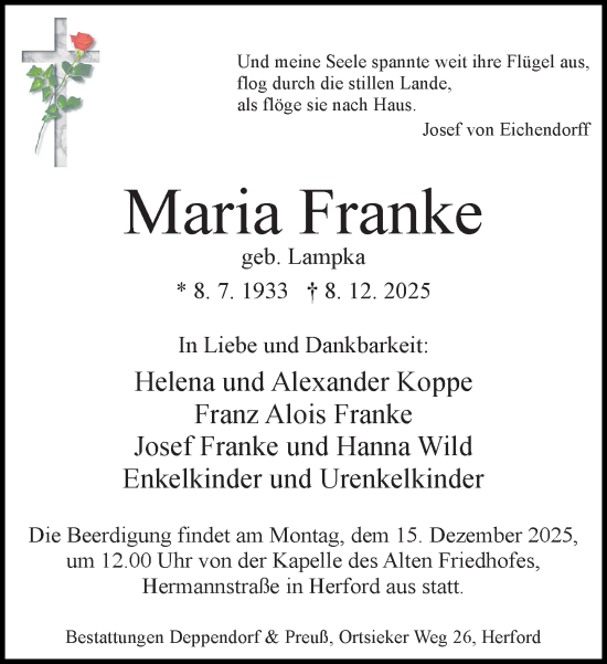 Traueranzeige von Maria Franke von Neue Westfälische und Westfalen-Blatt