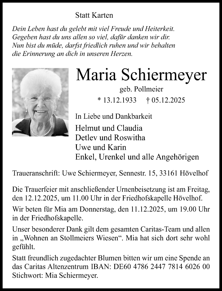  Traueranzeige für Maria Schiermeyer vom 10.12.2025 aus Neue Westfälische und Westfalen-Blatt