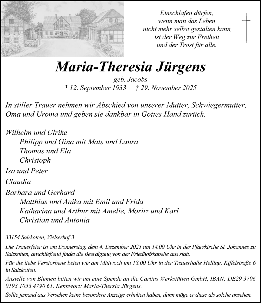  Traueranzeige für Maria-Theresia Jürgens vom 02.12.2025 aus Neue Westfälische und Westfalen-Blatt