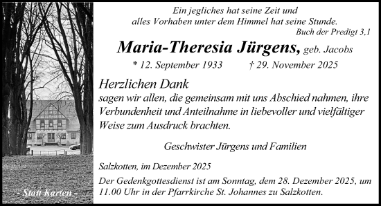 Traueranzeige von Maria-Theresia Jürgens von Neue Westfälische und Westfalen-Blatt