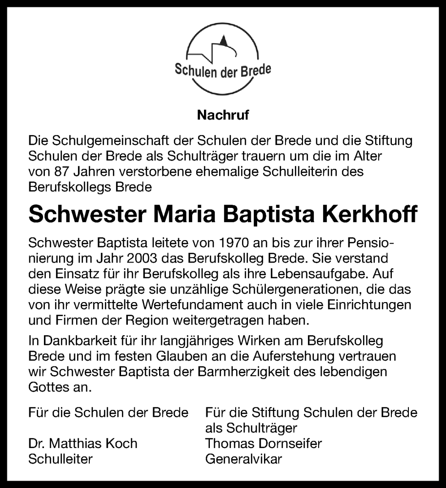  Traueranzeige für Maria Baptista Kerkhoff vom 06.12.2025 aus Neue Westfälische und Westfalen-Blatt