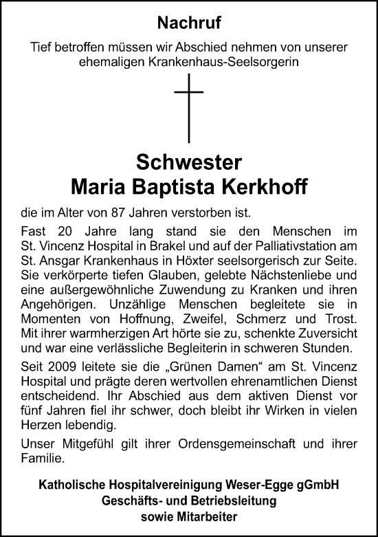 Traueranzeige von Maria Baptista Kerkhoff von Neue Westfälische und Westfalen-Blatt