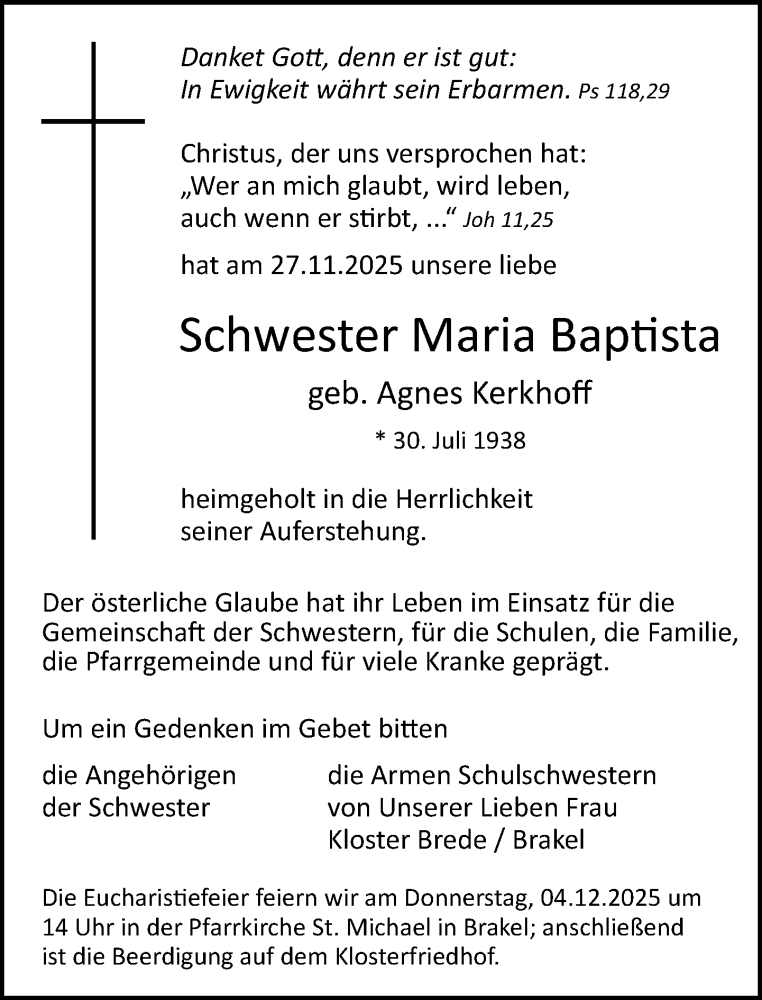  Traueranzeige für Maria Baptista Kerkhoff vom 02.12.2025 aus Neue Westfälische und Westfalen-Blatt