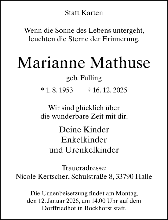 Traueranzeige von Marianne Mathuse von Neue Westfälische und Westfalen-Blatt